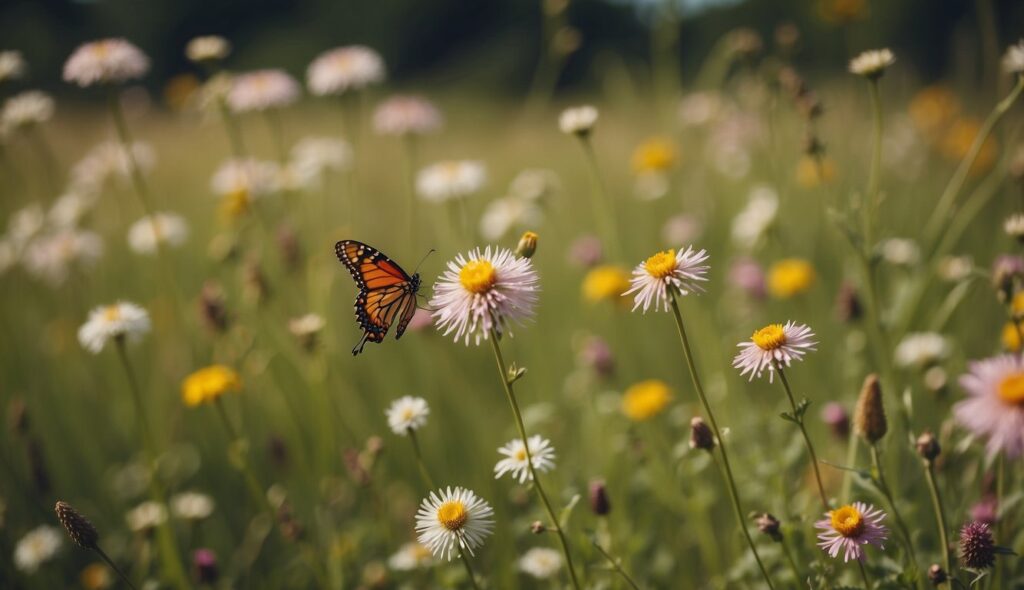 A butterfly flying around a native perennials garden