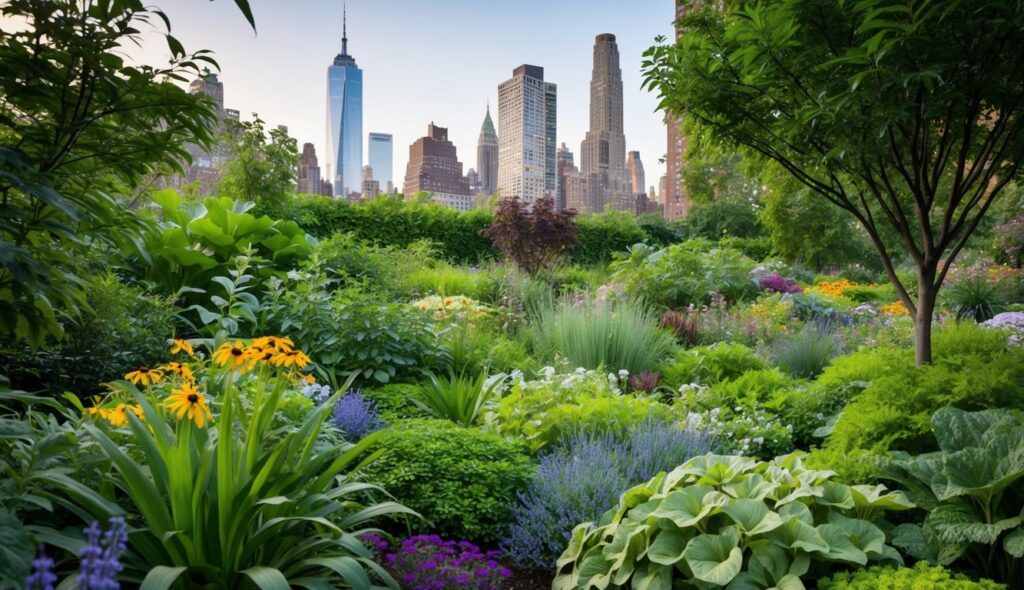 NYC native plants in central park with New York City skyscrapers in the background