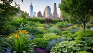 NYC native plants in central park with New York City skyscrapers in the background