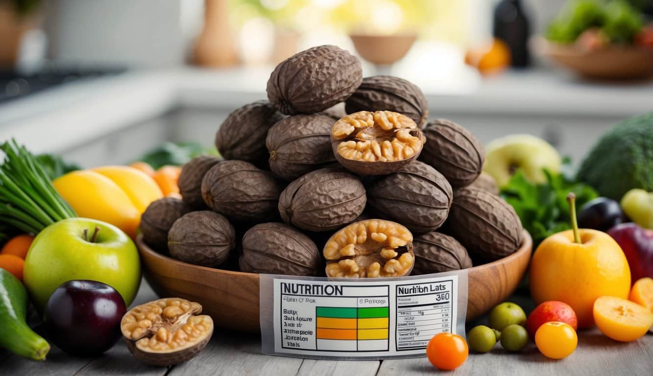 A pile of black walnuts surrounded by a variety of fruits and vegetables, with a nutrition label displayed prominently