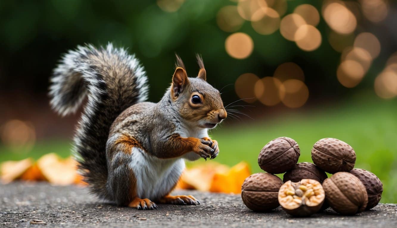 A squirrel hesitates near a pile of black walnuts, looking wary