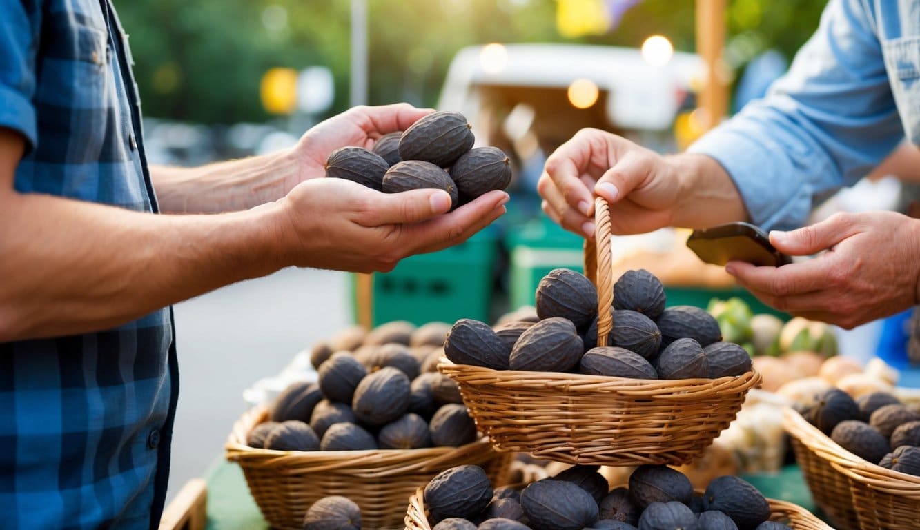 A person buying black walnuts from a farmer's market. The vendor holds a basket of fresh walnuts, while the buyer inspects them closely